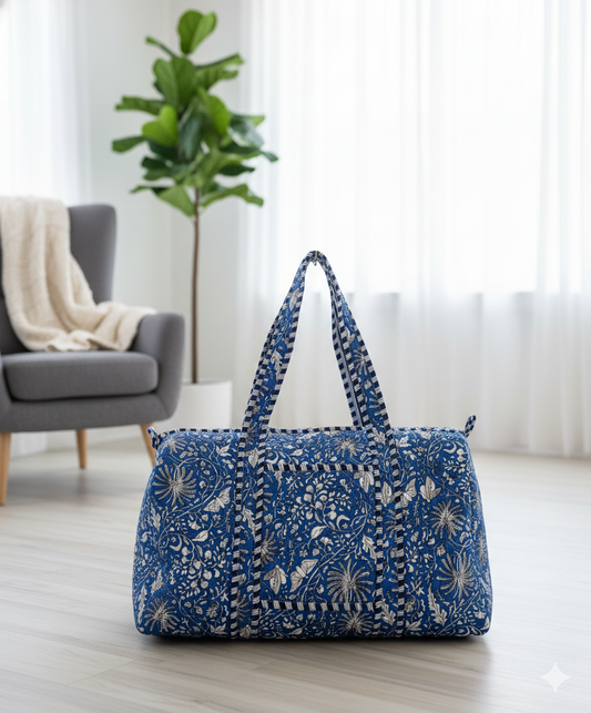 Artisanal Indigo Print Cotton Quilted Duffle Bag