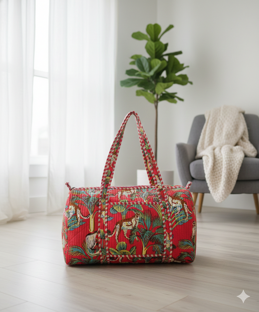 Artisanal Jungle Print Cotton Quilted Duffle Bag