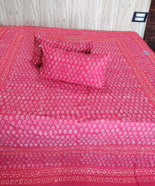 Royal Crimson Handblock Print Pure Cotton Double Bedsheet Set
