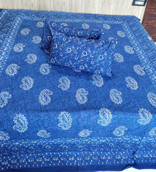 Royal Blue Crimson Floral Handblock Pure Cotton Double Bedsheet