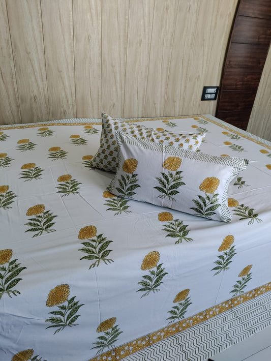 Handblock Pigment Yellow Floral Super King Bedsheet