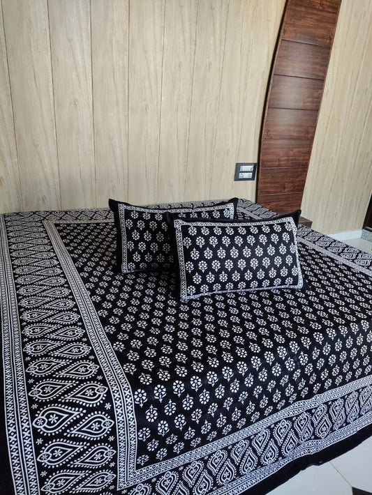 Midnight Monochrome Handblock Print Pure Cotton Double Bedsheet Set