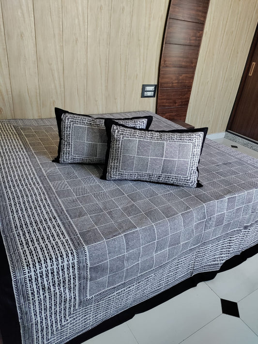 Midnight Monochrome Handblock Print Pure Cotton Double Bedsheet Set