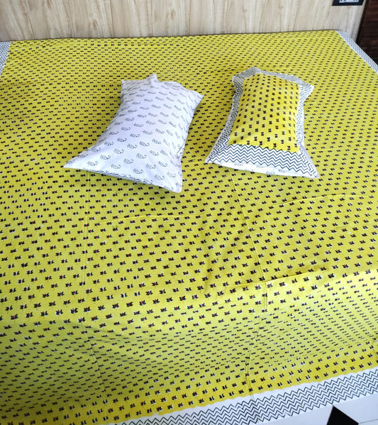 Vibrant Yellow Handblock King Bedsheet With Pillow Covers