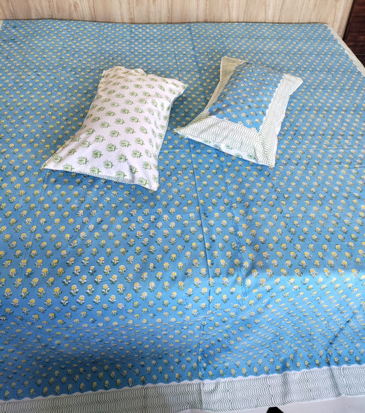 Heritage Floral Handblock Marigold & Sage King Size Bedsheet